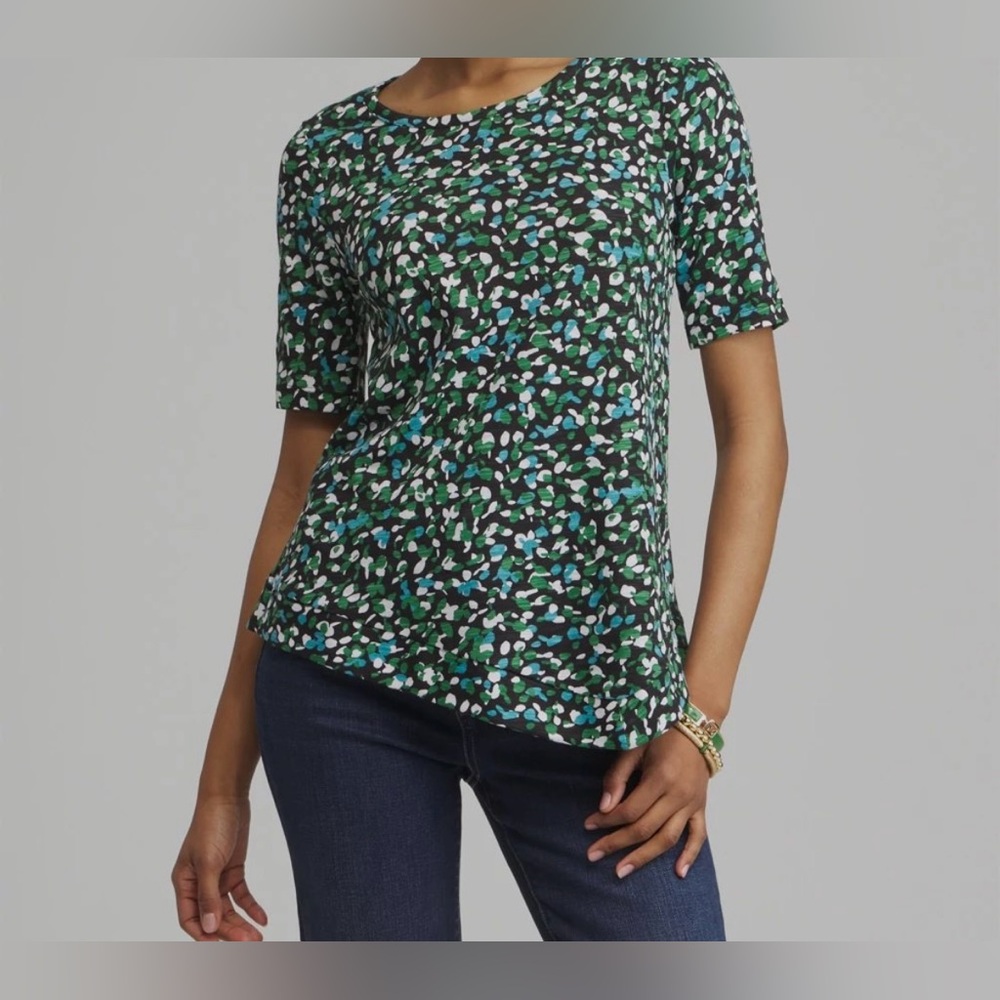 CHICO’S Green Blue White Tencel Asymmetrical Hem Pattern Short Sleeve Size Large